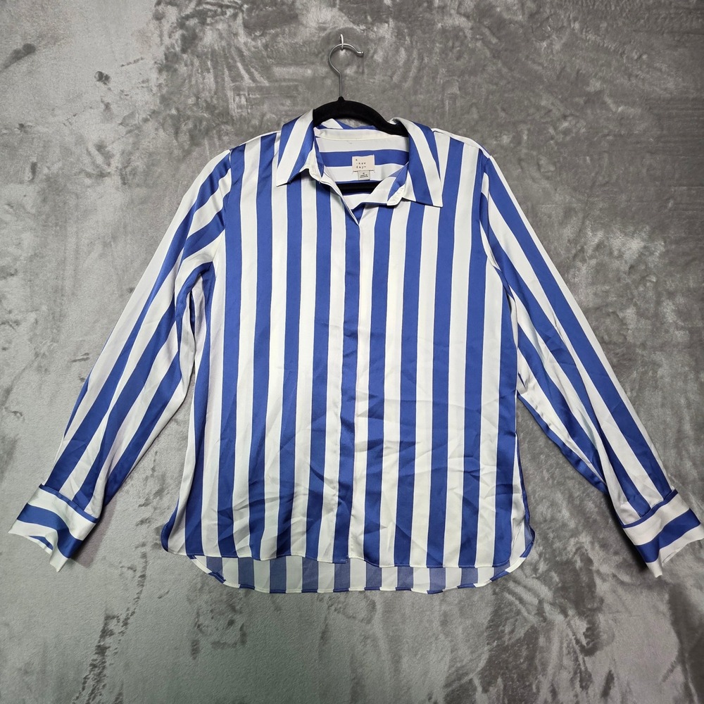 A New Day Womens Blue White Striped Button Down Long Sleeve Blouse Small